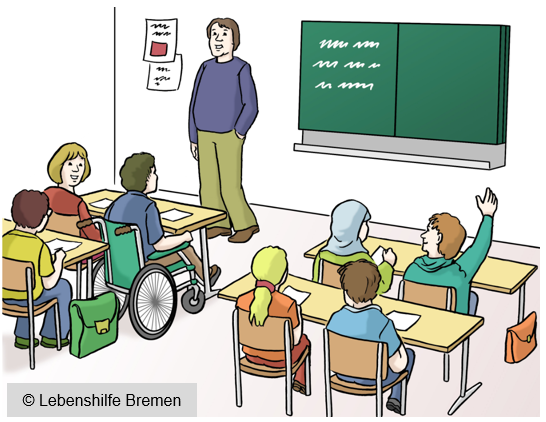 Schulklasse mit Lehrer vor einer Tafel